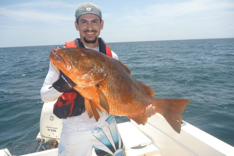 Angler holding a large cubera snapper during a fishing tour in Sierpe, Costa Rica